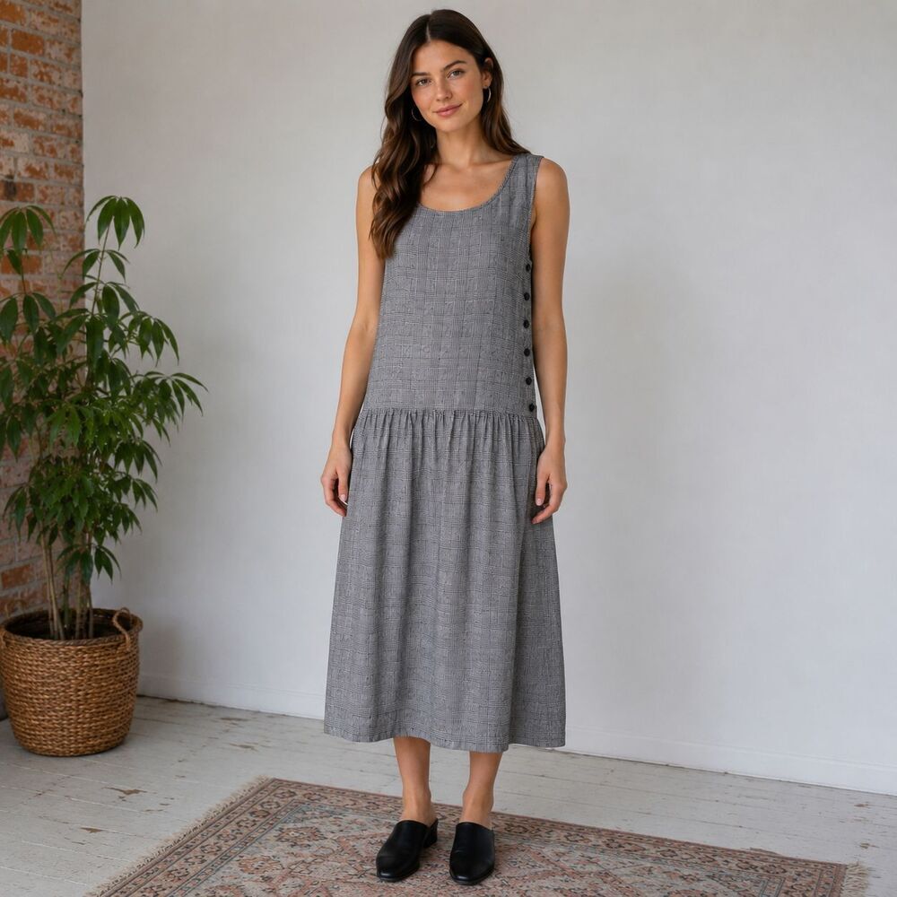 Vintage Lanz Originals Glen Plaid Midi Dress 8 Sleeveless Drop Waist Rayon USA